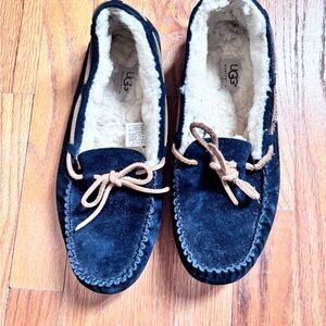 UGG Navy Suede Shearling Lined Moccasin Slippers with Brown Bow